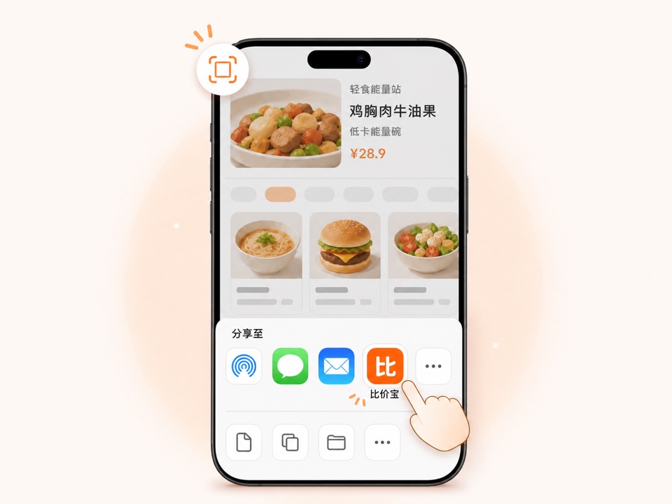 外卖页面截图后，在系统分享面板选择比价宝